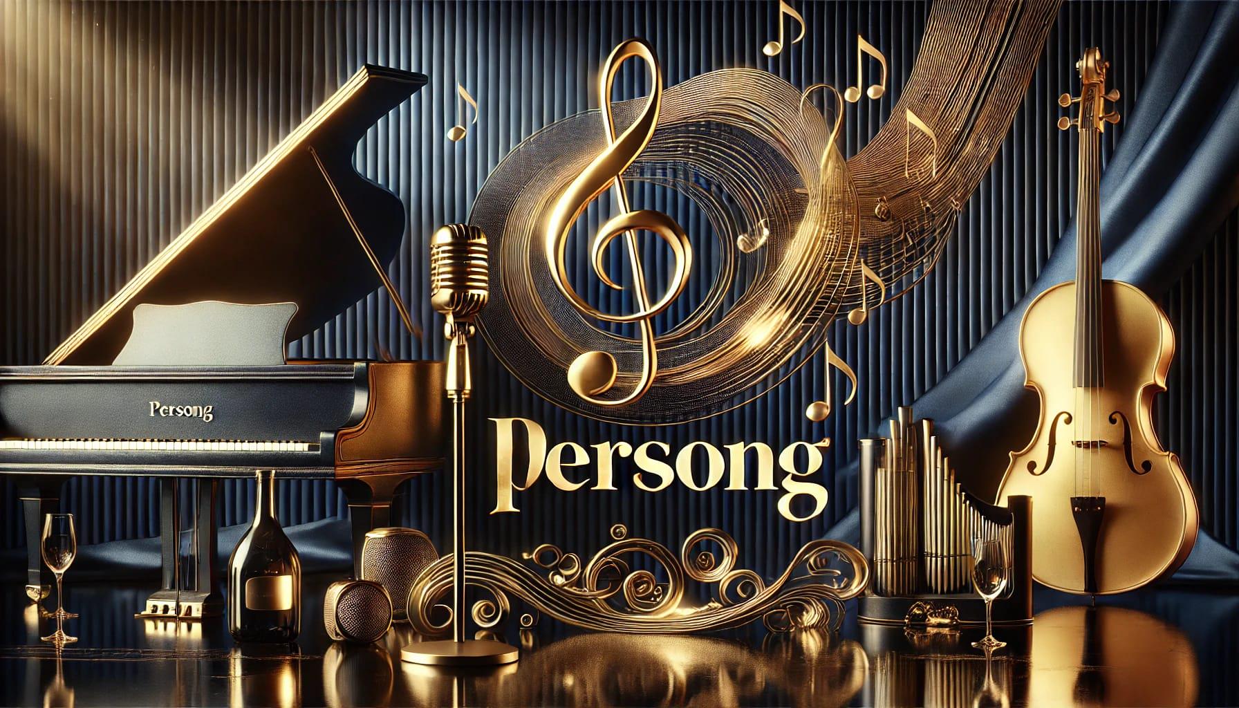 Elegant golden Persong logo with musical elements