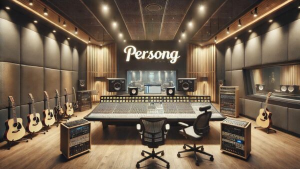 Professional music studio with Persong logo in the background