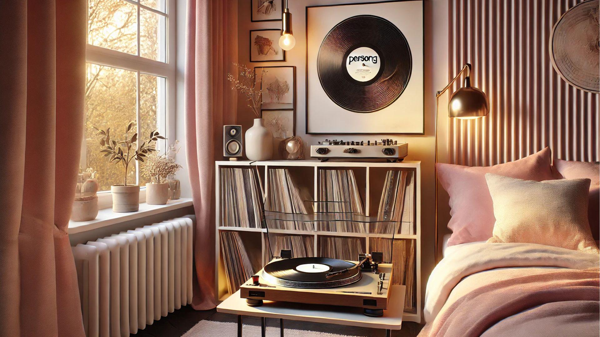 A cozy bedroom featuring a stylish vinyl record collection, a turntable, and a large framed Persong-branded vinyl, creating a warm, music-inspired atmosphere