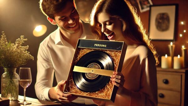 Couple gifting a personalized vinyl record with Persong branding